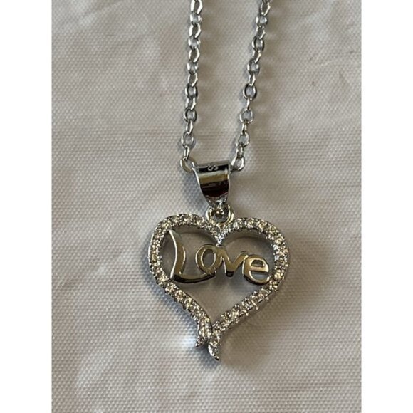 Love Heart Necklace Sliver Tone with Rhinestones - Picture 3 of 8